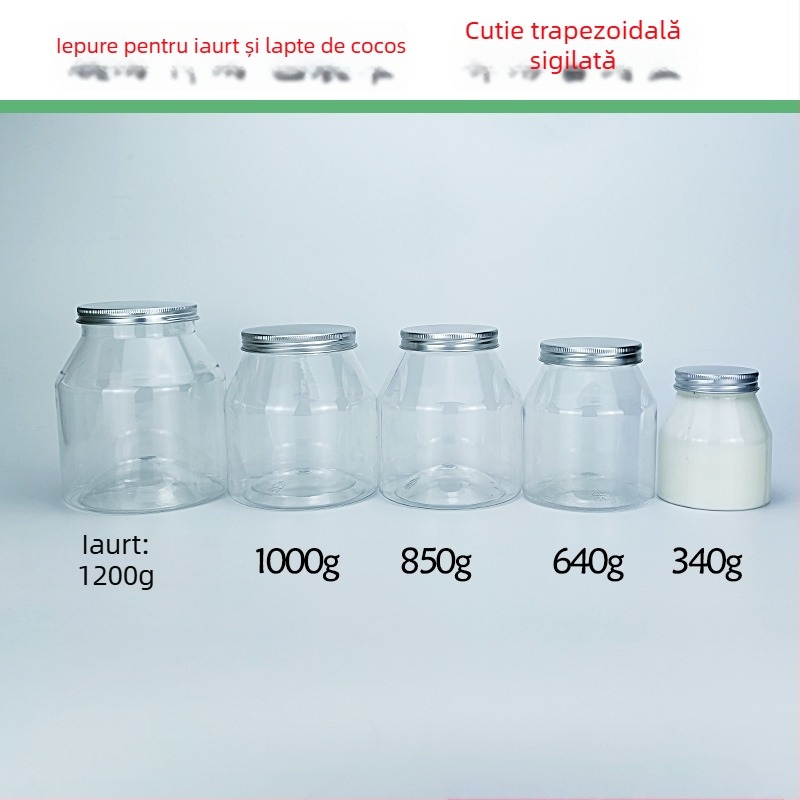 Borcan de iaurt cu ambalaj trapezoidal, PVC plastic, recipient pentru condimente, capacitate 1000 ml+, ambalaj tip borcan, capac: transparent sau din aluminiu