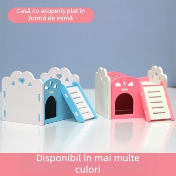 Căsuță din lemn-plastic pentru hamsteri și purcei de Guineea, cu acoperiș plat — cuib și cușcă