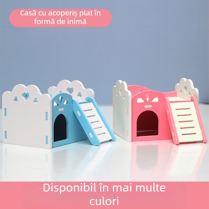 Căsuță din lemn-plastic pentru hamsteri și purcei de Guineea, cu acoperiș plat — cuib și cușcă
