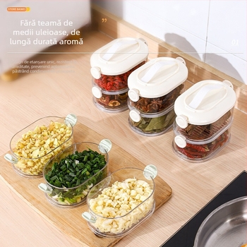 Cutie groasă, multistrat pentru depozitare în bucătărie — pentru ceapă, ghimbir și usturoi, fructe uscate și nuci; din plastic, capacitate 301–500 ml, formă neregulată, până la 5 straturi.