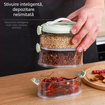 Cutie groasă, multistrat pentru depozitare în bucătărie — pentru ceapă, ghimbir și usturoi, fructe uscate și nuci; din plastic, capacitate 301–500 ml, formă neregulată, până la 5 straturi.