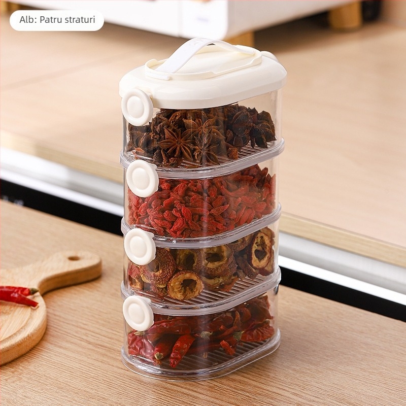 Cutie groasă, multistrat pentru depozitare în bucătărie — pentru ceapă, ghimbir și usturoi, fructe uscate și nuci; din plastic, capacitate 301–500 ml, formă neregulată, până la 5 straturi.