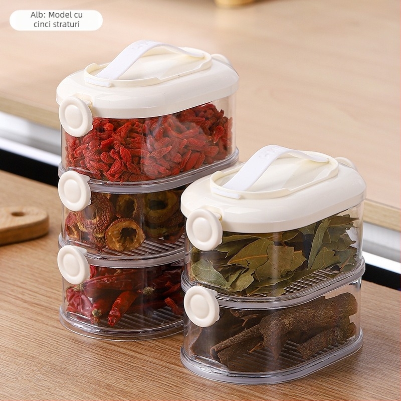 Cutie groasă, multistrat pentru depozitare în bucătărie — pentru ceapă, ghimbir și usturoi, fructe uscate și nuci; din plastic, capacitate 301–500 ml, formă neregulată, până la 5 straturi.