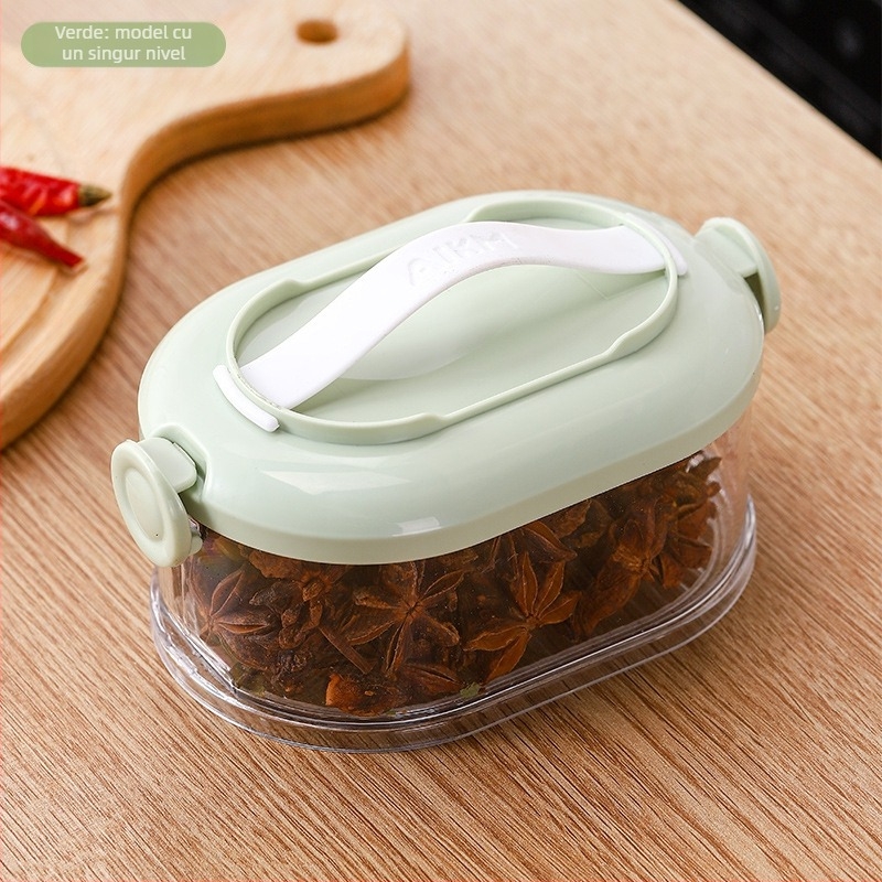 Cutie groasă, multistrat pentru depozitare în bucătărie — pentru ceapă, ghimbir și usturoi, fructe uscate și nuci; din plastic, capacitate 301–500 ml, formă neregulată, până la 5 straturi.