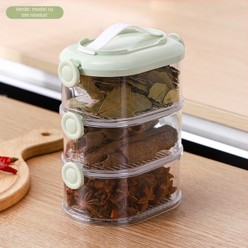 Cutie groasă, multistrat pentru depozitare în bucătărie — pentru ceapă, ghimbir și usturoi, fructe uscate și nuci; din plastic, capacitate 301–500 ml, formă neregulată, până la 5 straturi.