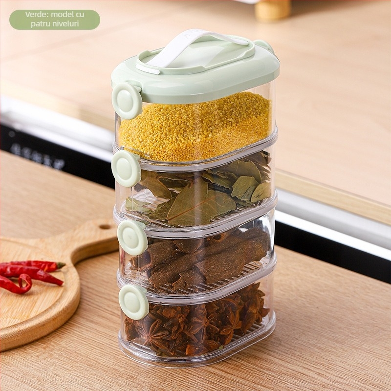 Cutie groasă, multistrat pentru depozitare în bucătărie — pentru ceapă, ghimbir și usturoi, fructe uscate și nuci; din plastic, capacitate 301–500 ml, formă neregulată, până la 5 straturi.