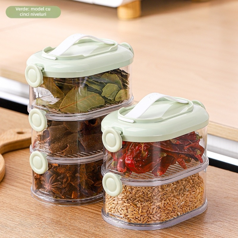 Cutie groasă, multistrat pentru depozitare în bucătărie — pentru ceapă, ghimbir și usturoi, fructe uscate și nuci; din plastic, capacitate 301–500 ml, formă neregulată, până la 5 straturi.