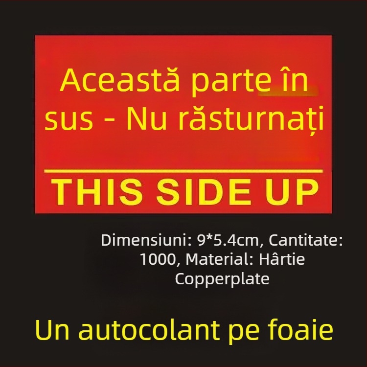 Știker avertizare orientare „This Side Up“ pentru cutii de ambalare, PVC autoadeziv, personalizabil