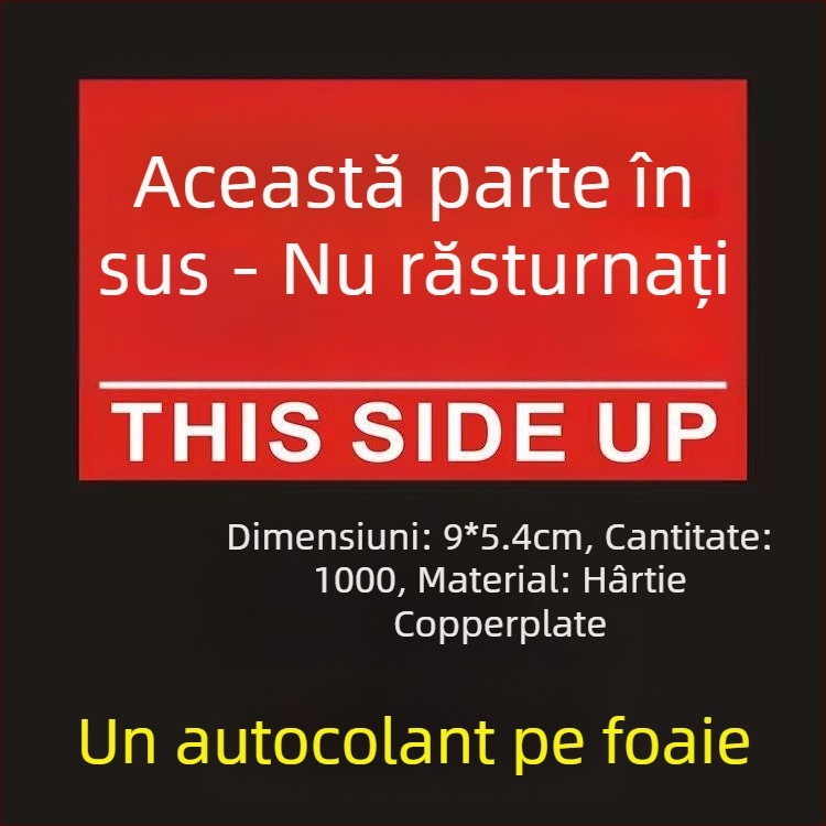 Știker avertizare orientare „This Side Up“ pentru cutii de ambalare, PVC autoadeziv, personalizabil