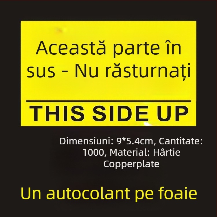 Știker avertizare orientare „This Side Up“ pentru cutii de ambalare, PVC autoadeziv, personalizabil