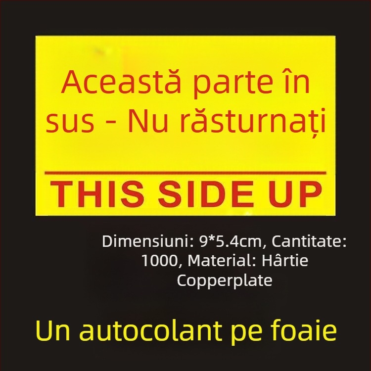 Știker avertizare orientare „This Side Up“ pentru cutii de ambalare, PVC autoadeziv, personalizabil