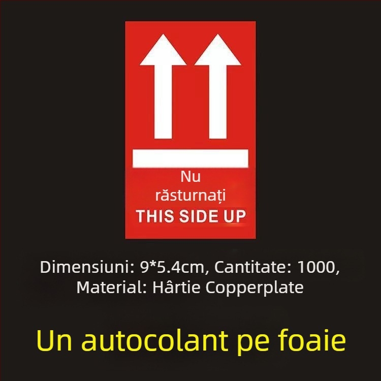 Știker avertizare orientare „This Side Up“ pentru cutii de ambalare, PVC autoadeziv, personalizabil
