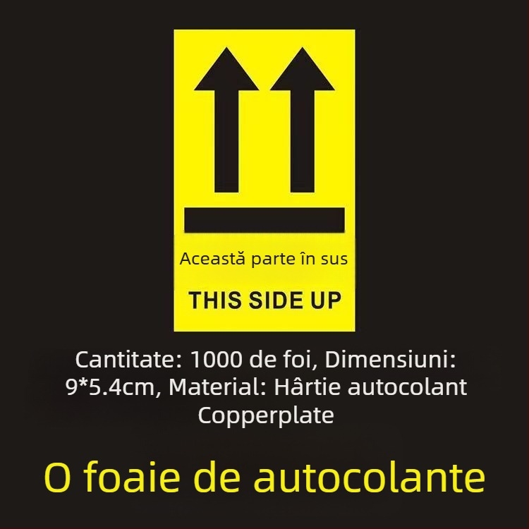 Știker avertizare orientare „This Side Up“ pentru cutii de ambalare, PVC autoadeziv, personalizabil