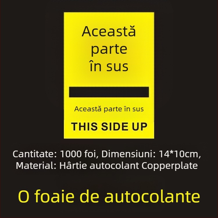 Știker avertizare orientare „This Side Up“ pentru cutii de ambalare, PVC autoadeziv, personalizabil