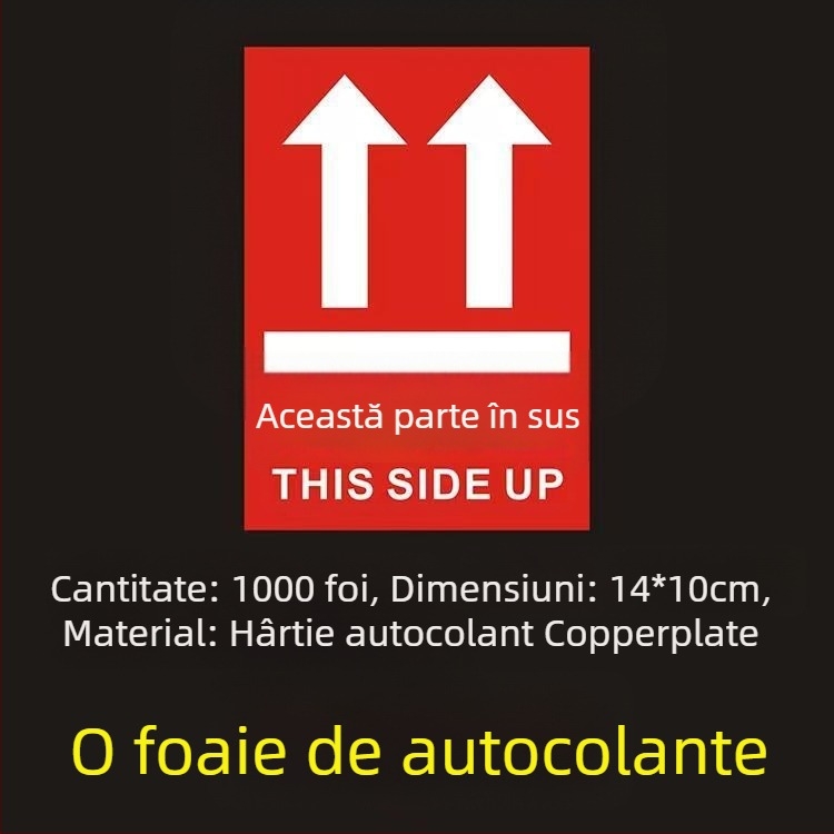 Știker avertizare orientare „This Side Up“ pentru cutii de ambalare, PVC autoadeziv, personalizabil