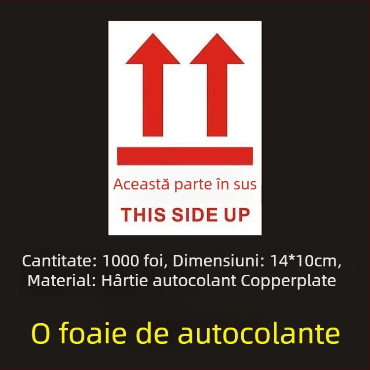 Știker avertizare orientare „This Side Up“ pentru cutii de ambalare, PVC autoadeziv, personalizabil