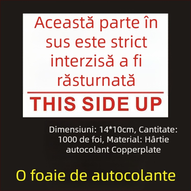 Știker avertizare orientare „This Side Up“ pentru cutii de ambalare, PVC autoadeziv, personalizabil