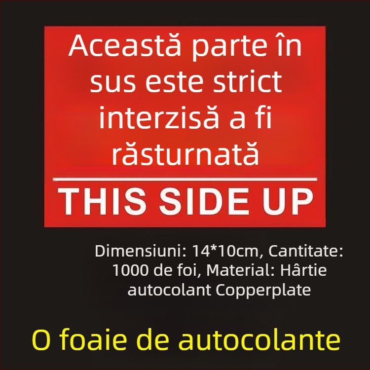 Știker avertizare orientare „This Side Up“ pentru cutii de ambalare, PVC autoadeziv, personalizabil