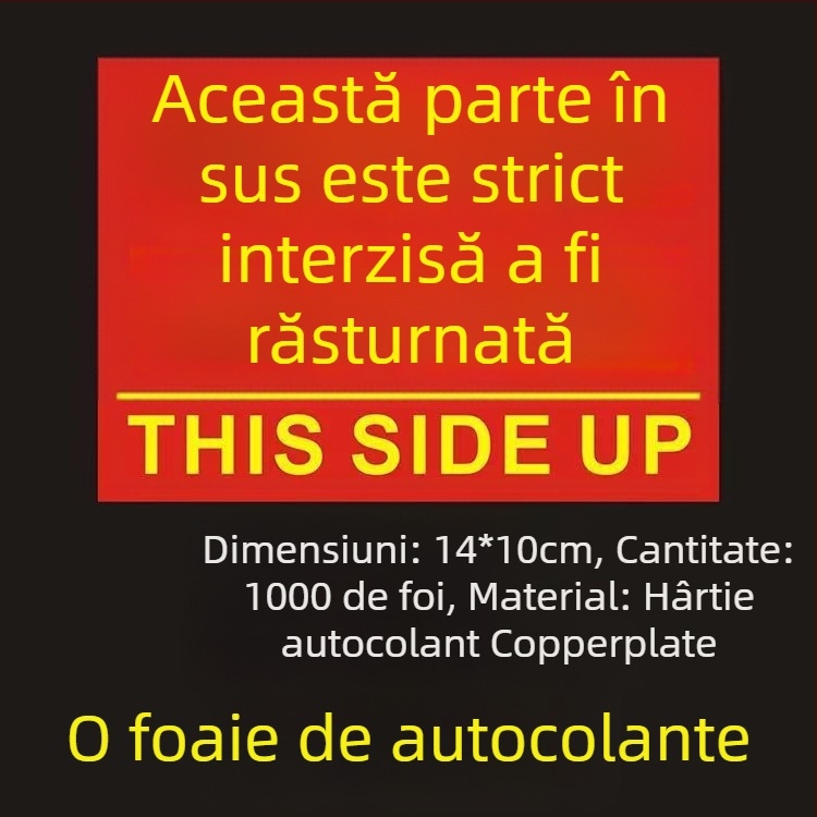 Știker avertizare orientare „This Side Up“ pentru cutii de ambalare, PVC autoadeziv, personalizabil