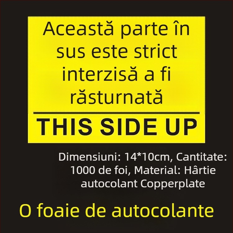 Știker avertizare orientare „This Side Up“ pentru cutii de ambalare, PVC autoadeziv, personalizabil