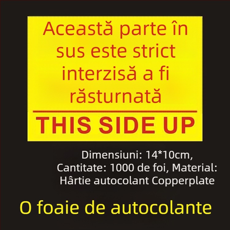 Știker avertizare orientare „This Side Up“ pentru cutii de ambalare, PVC autoadeziv, personalizabil