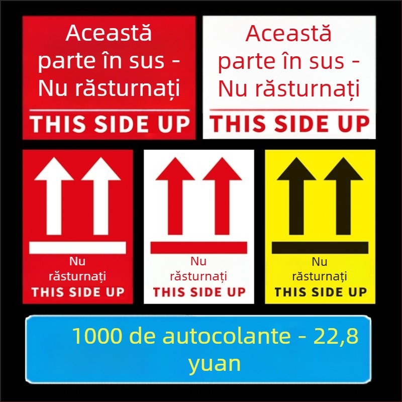Știker avertizare orientare „This Side Up“ pentru cutii de ambalare, PVC autoadeziv, personalizabil