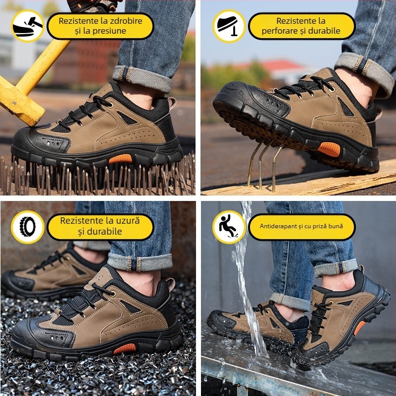 Pantofi de Protecție National Gold Shield: vârf din oțel, anti-șoc și anti-perforație, partea superioară din microfibră de piele + pânză, gleznă joasă