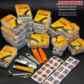 Kit de reparații pentru anvelope de bicicletă – pentru bicicletă electrică de munte, set cu adeziv Dingqing și film de lipire, unealtă de reparații, brand JSHOU BIKE, etichetă privată disponibilă