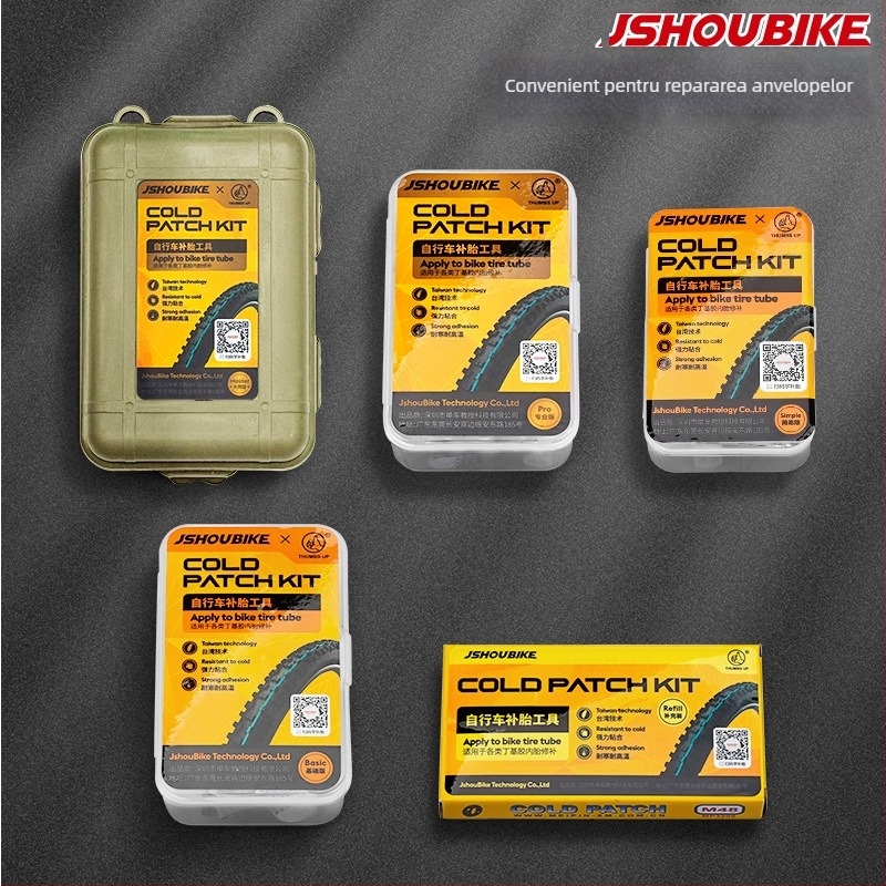 Kit de reparații pentru anvelope de bicicletă – pentru bicicletă electrică de munte, set cu adeziv Dingqing și film de lipire, unealtă de reparații, brand JSHOU BIKE, etichetă privată disponibilă