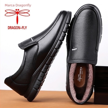 Loafers casual de iarnă pentru bărbați, din nubuk de vițel, cu căptușeală caldă, branț din lână, talpă anti-derapare din microfibră vulcanizată
