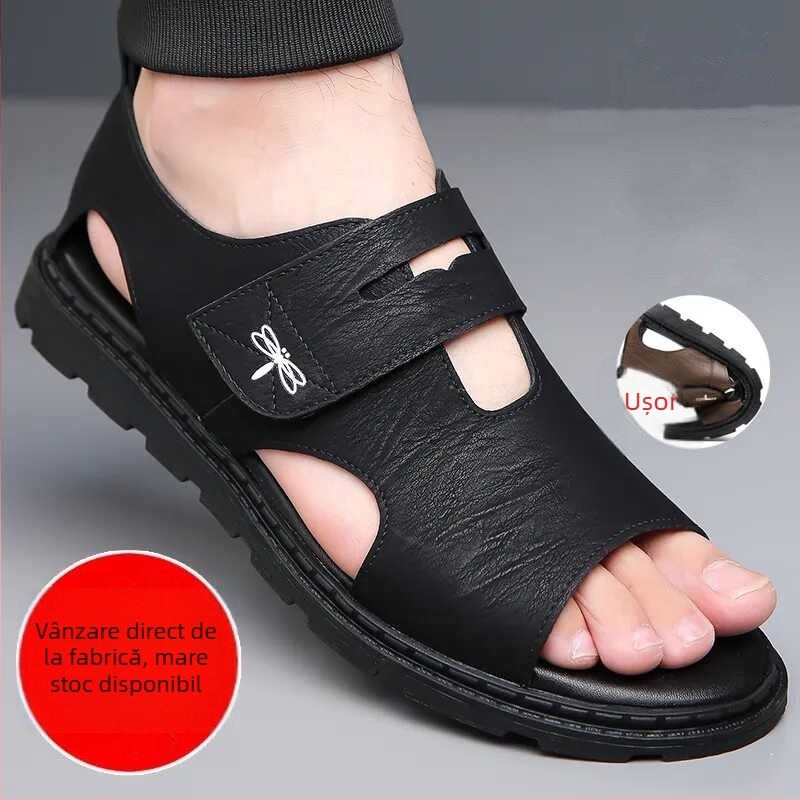 Sandale pentru bărbați de plajă, din piele microfibră respirantă, talpă din cauciuc, închidere cu patch magnetic