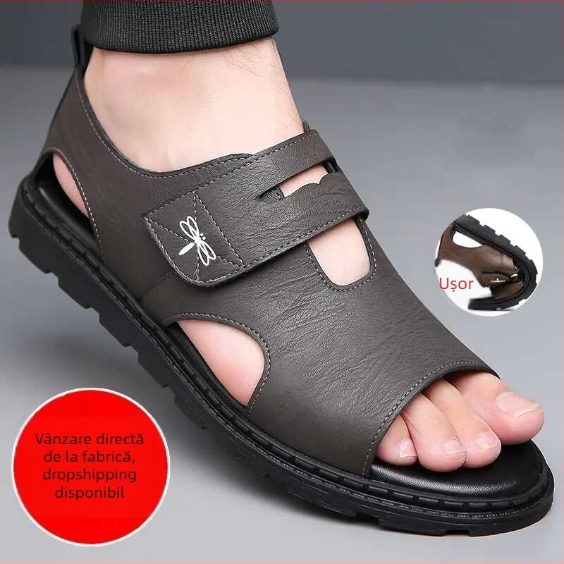 Sandale pentru bărbați de plajă, din piele microfibră respirantă, talpă din cauciuc, închidere cu patch magnetic
