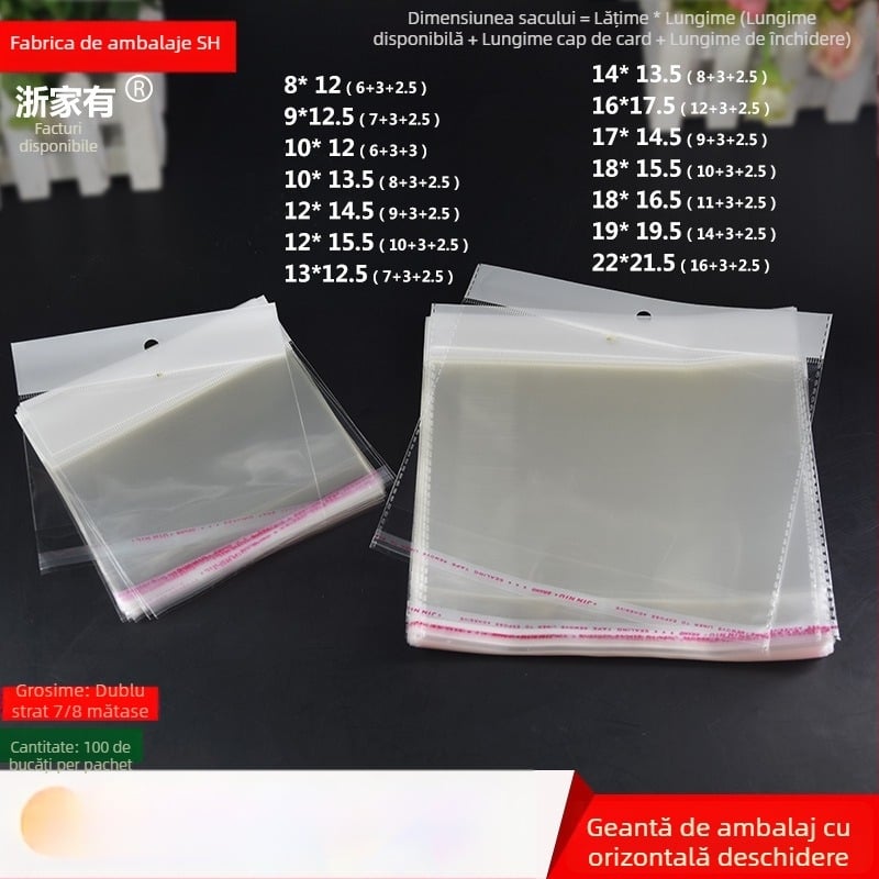 Pungă de ambalare cu deschidere orizontală, autoadezivă, transparentă, pentru etichete de card, cu orificiu de agățare, potrivită pentru bijuterii, jucării și rechizite, cu logo imprimat