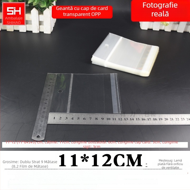 Pungă de ambalare cu deschidere orizontală, autoadezivă, transparentă, pentru etichete de card, cu orificiu de agățare, potrivită pentru bijuterii, jucării și rechizite, cu logo imprimat