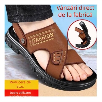 Sandale pentru bărbați cu deget deschis, partea superioară din piele sintetică, talpă din cauciuc, închidere cu șiret, impermeabile și antiderapante, vară 2024