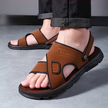 Sandale pentru bărbați cu deget deschis, partea superioară din piele sintetică, talpă din cauciuc, închidere cu șiret, impermeabile și antiderapante, vară 2024