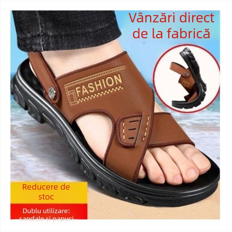 Sandale pentru bărbați cu deget deschis, partea superioară din piele sintetică, talpă din cauciuc, închidere cu șiret, impermeabile și antiderapante, vară 2024