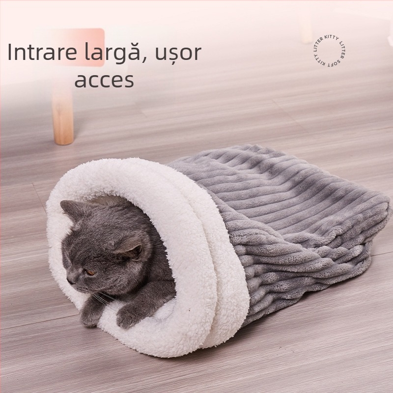 Cuib de pisică pentru iarnă – pat semi-închis din flanel, pentru pisici, cuib pentru animale