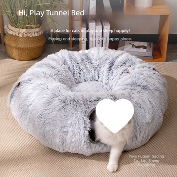 Tunel pliabil pentru pisici cu cuib din pluș lung, din material textil, respirabil și cald, pentru interior și exterior