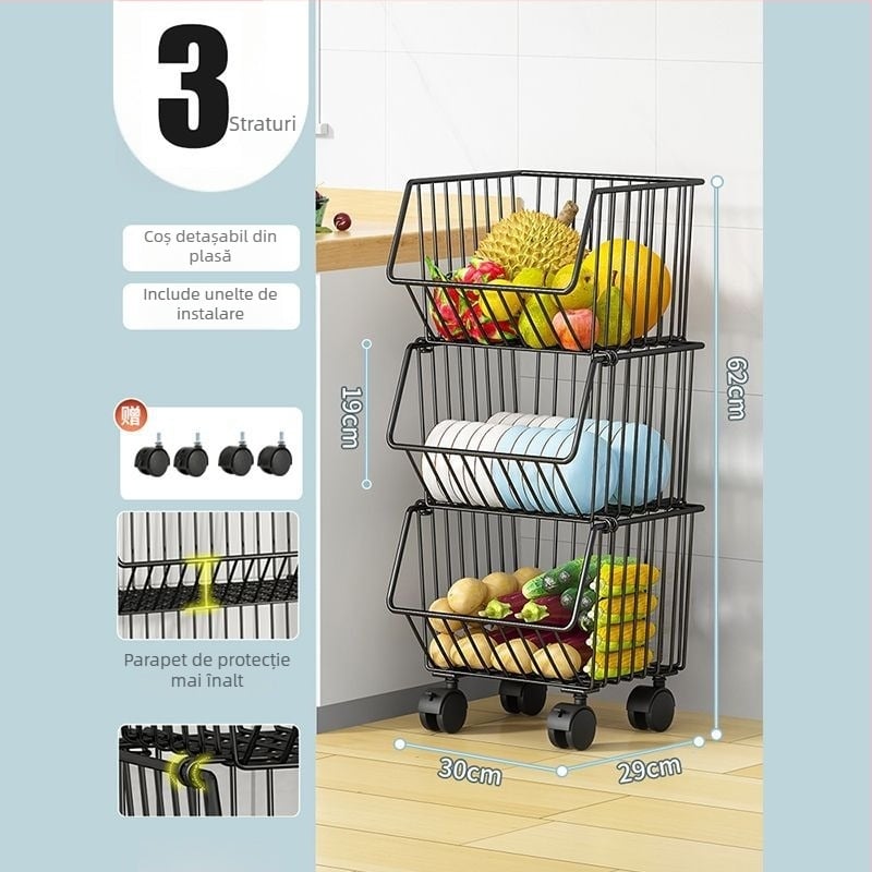 Raft de depozitare pentru bucătărie, pe podea – mobil, multifuncțional, din oțel carbon, pentru colț (Oțel carbon • Mobil • Multifuncțional • Pe podea • Pentru colț)