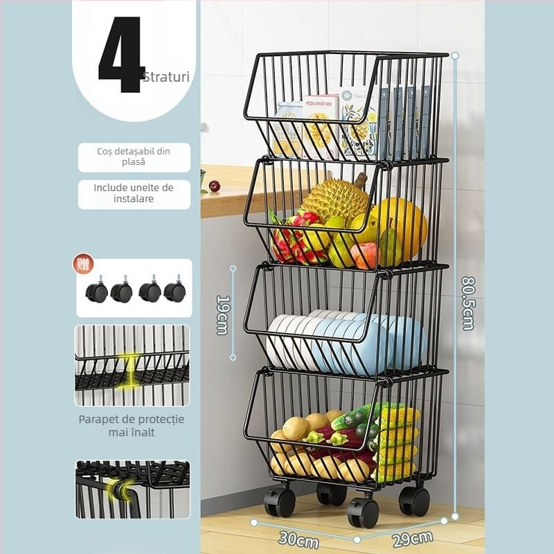 Raft de depozitare pentru bucătărie, pe podea – mobil, multifuncțional, din oțel carbon, pentru colț (Oțel carbon • Mobil • Multifuncțional • Pe podea • Pentru colț)