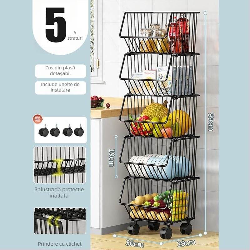 Raft de depozitare pentru bucătărie, pe podea – mobil, multifuncțional, din oțel carbon, pentru colț (Oțel carbon • Mobil • Multifuncțional • Pe podea • Pentru colț)