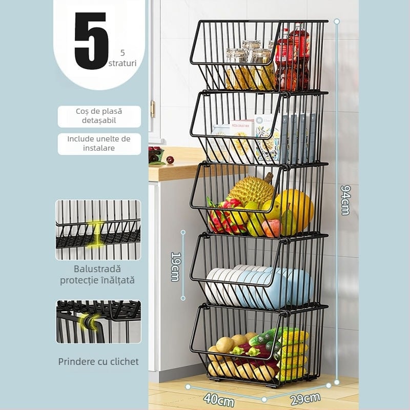 Raft de depozitare pentru bucătărie, pe podea – mobil, multifuncțional, din oțel carbon, pentru colț (Oțel carbon • Mobil • Multifuncțional • Pe podea • Pentru colț)