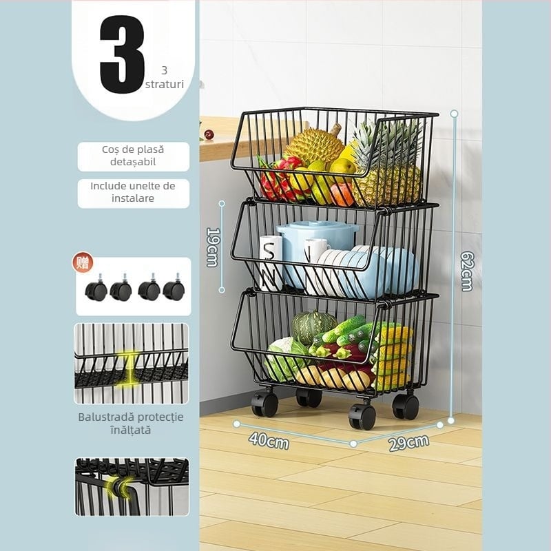 Raft de depozitare pentru bucătărie, pe podea – mobil, multifuncțional, din oțel carbon, pentru colț (Oțel carbon • Mobil • Multifuncțional • Pe podea • Pentru colț)