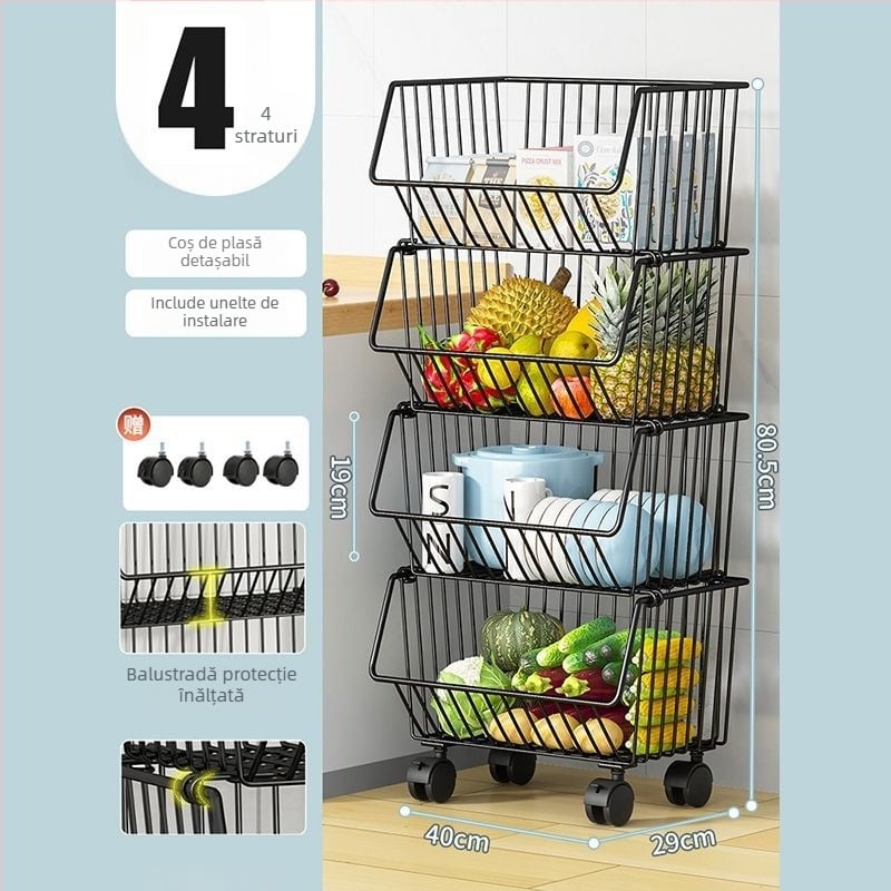 Raft de depozitare pentru bucătărie, pe podea – mobil, multifuncțional, din oțel carbon, pentru colț (Oțel carbon • Mobil • Multifuncțional • Pe podea • Pentru colț)