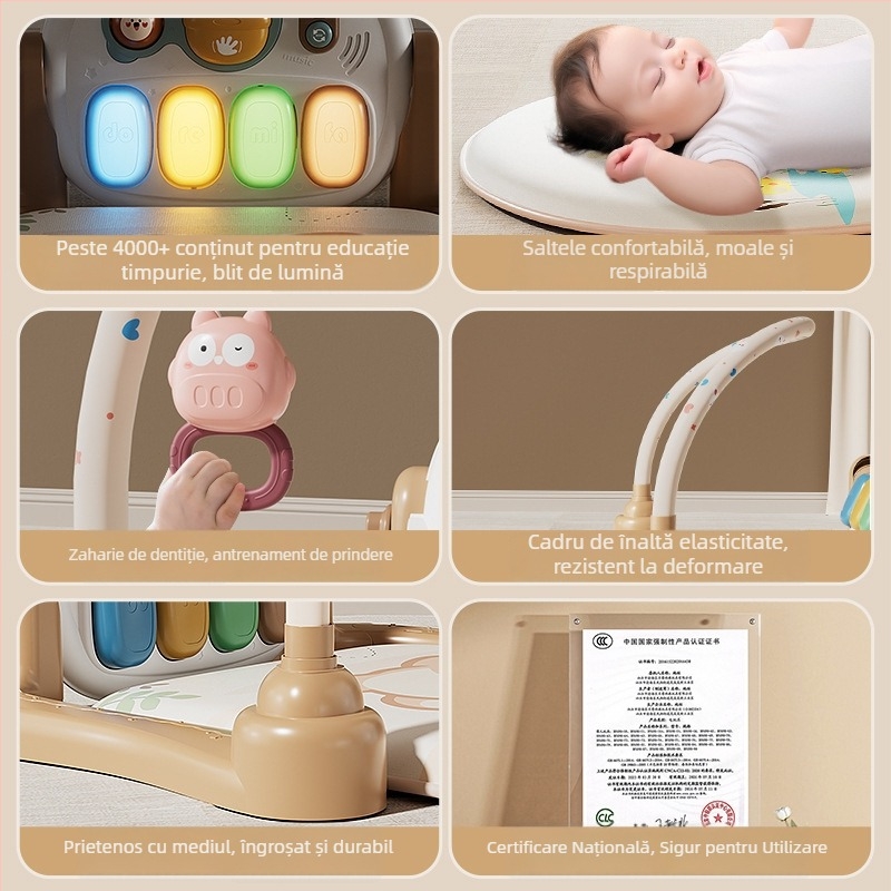 Jucărie pentru bebeluși — pian cu pedale pentru gym play, muzică interactivă, stimulare multisenzorială, 0–3 ani, plastic