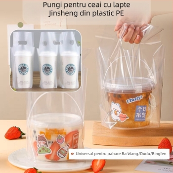 Genți de transport de unică folosință pentru pahare de milk tea, 100 buc., compatibile cu pahare simple/duble, cu mâner — Origine Anhui, Brand Jinsheng Plastic, Capacitate zilnică 10 tone