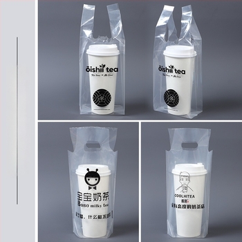 Genți de transport de unică folosință pentru pahare de milk tea, 100 buc., compatibile cu pahare simple/duble, cu mâner — Origine Anhui, Brand Jinsheng Plastic, Capacitate zilnică 10 tone