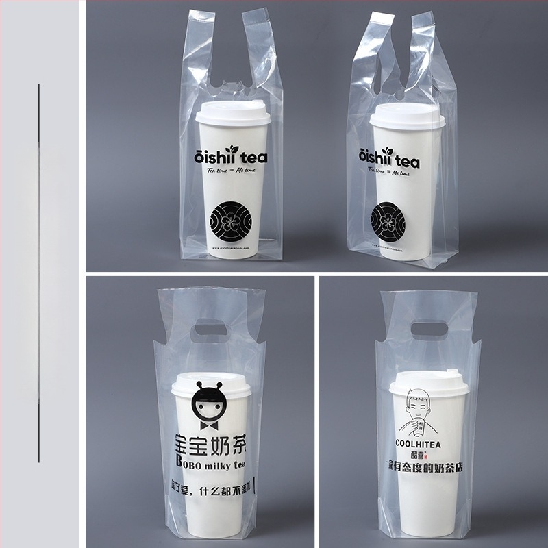 Genți de transport de unică folosință pentru pahare de milk tea, 100 buc., compatibile cu pahare simple/duble, cu mâner — Origine Anhui, Brand Jinsheng Plastic, Capacitate zilnică 10 tone