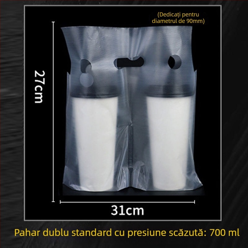 Genți de transport de unică folosință pentru pahare de milk tea, 100 buc., compatibile cu pahare simple/duble, cu mâner — Origine Anhui, Brand Jinsheng Plastic, Capacitate zilnică 10 tone